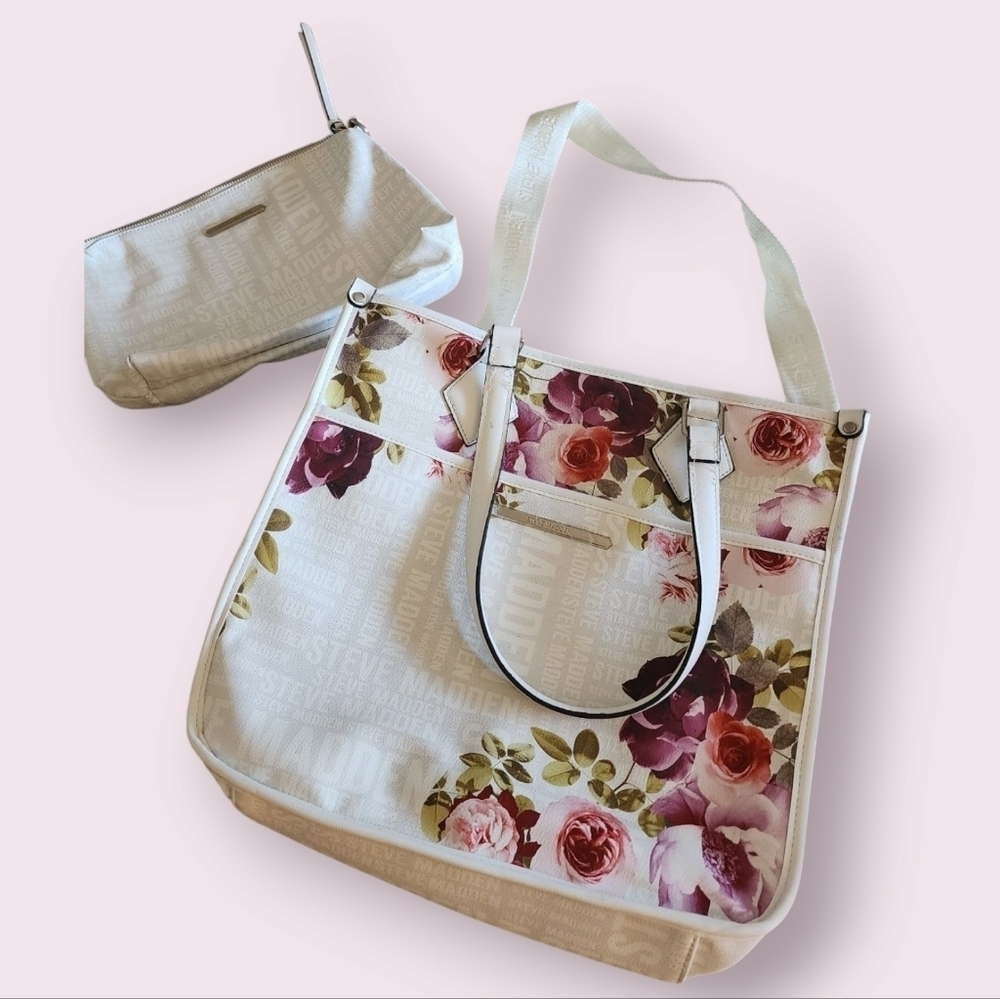 Steve Madden 3 Pcs Floral White Bsidra Large Tote Bag,Medium Bag,Small Wallet